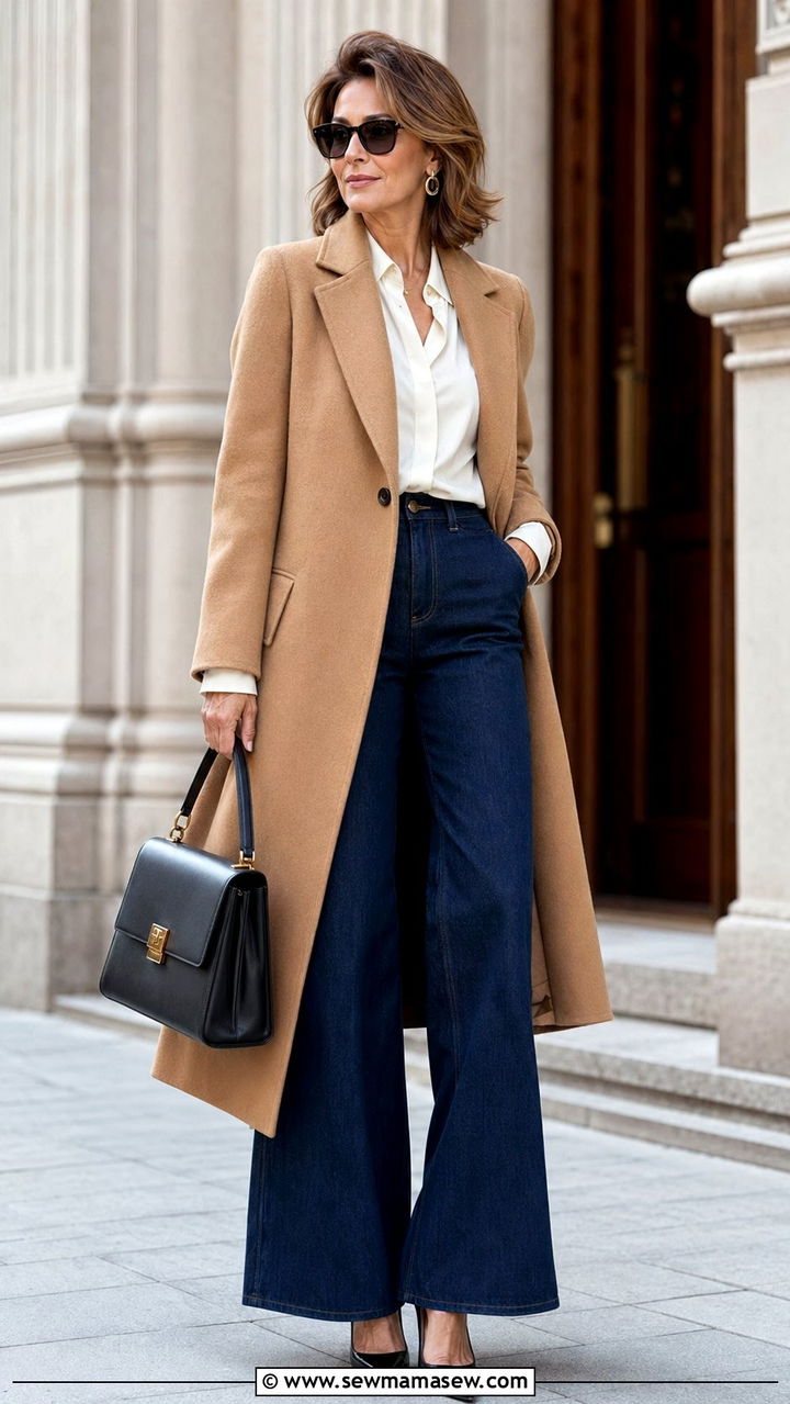 Camel Coat with Polished Heels - 30 Wide leg jeans outfit ideas for women over 40