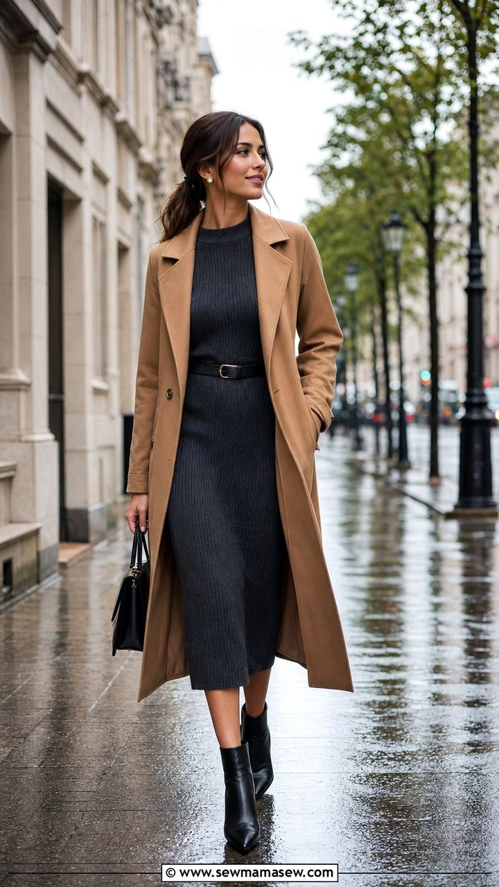 Camel Coat with Ribbed Knit Dress and Ankle Boots Rain - 35 Rainy summer outfits