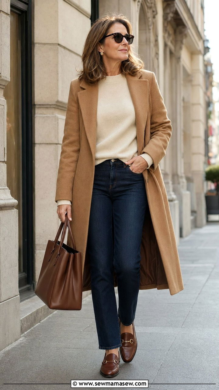 Camel Coat with StraightLeg Jeans and Loafers - 35 Old money outfit ideas for women over 40