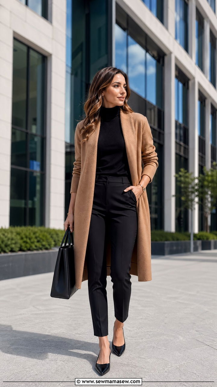 Camel Coatigan With Black Turtleneck And Slim Ankle Pants - 35 Warsaw outfit ideas
