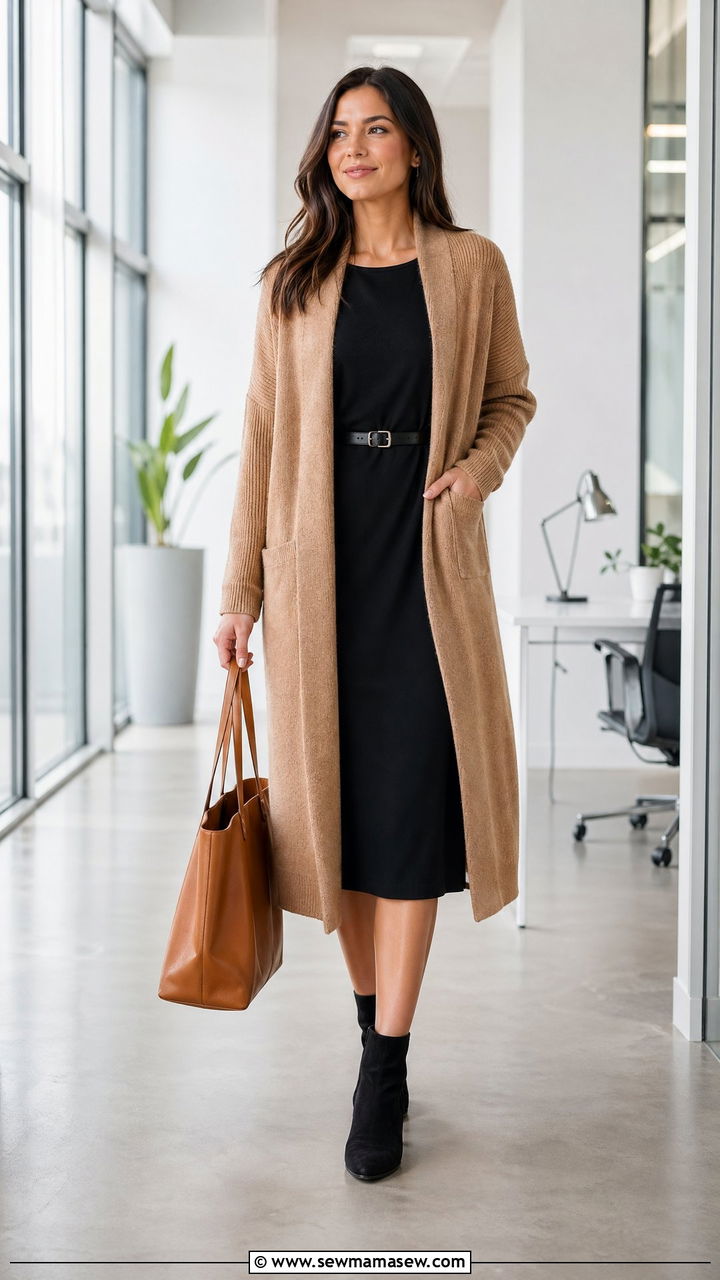 Camel Coatigan with Black Midi Dress - 35 what to wear to the office