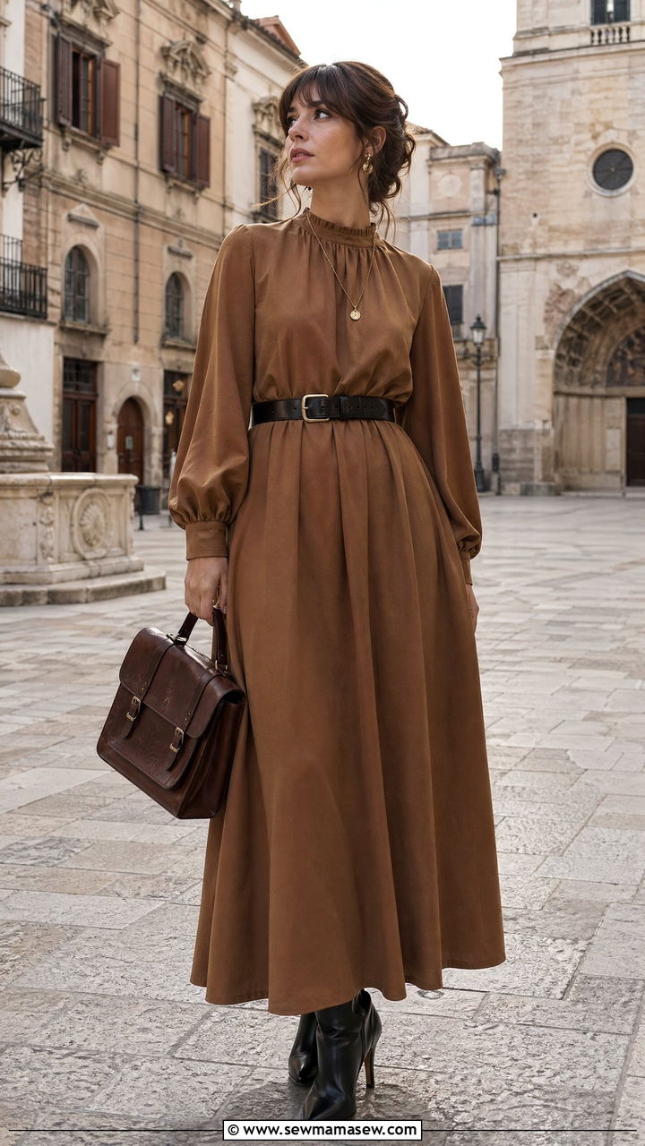 Camel Maxi Dress with Balloon Sleeves and Leather Ankle Boots - 35 dark academia outfits