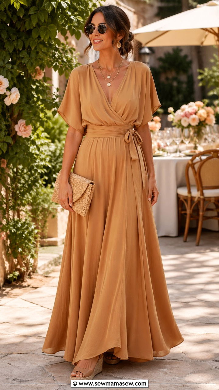 Camel Maxi Dress with Wedge Sandals - 40 All camel outfit ideas