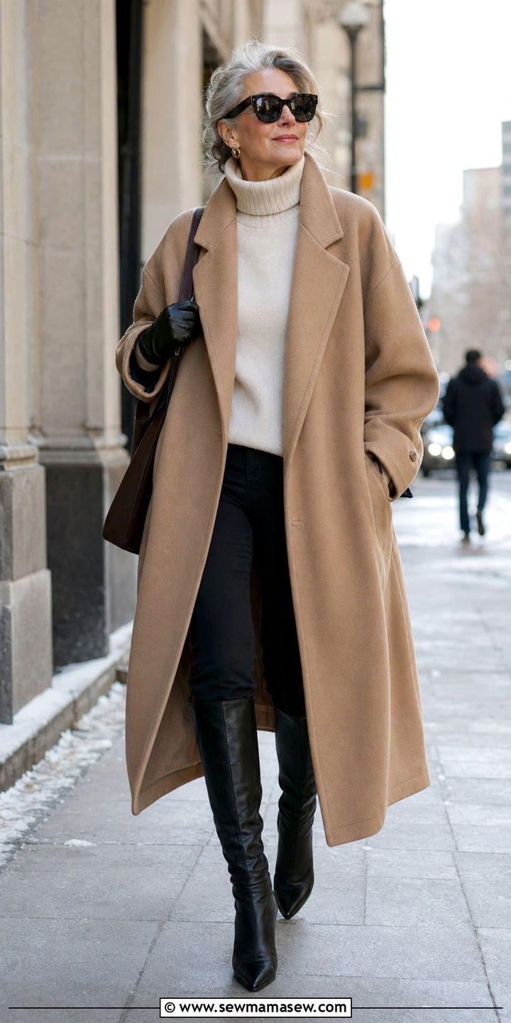 Camel Oversized Coat with Cream Turtleneck and Slim Pants - 30 Aesthetic outfit ideas for women over 50