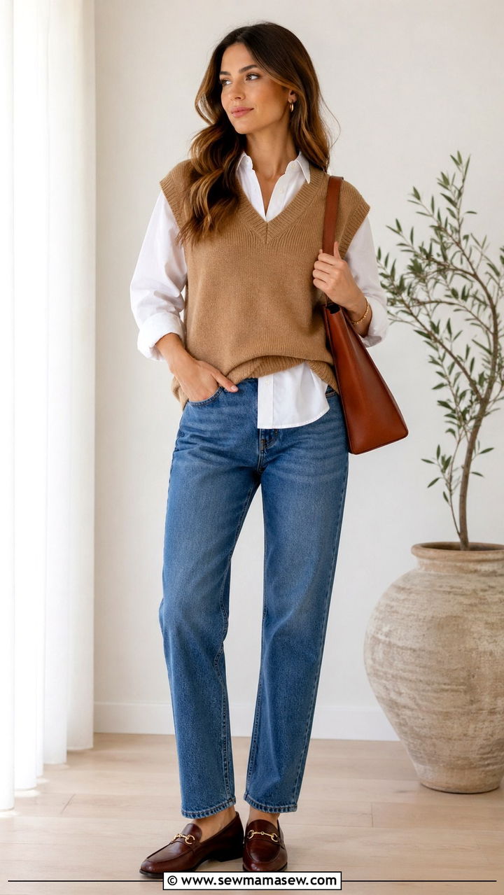 Camel Sweater Vest with White Shirt and Jeans - 40 All camel outfit ideas