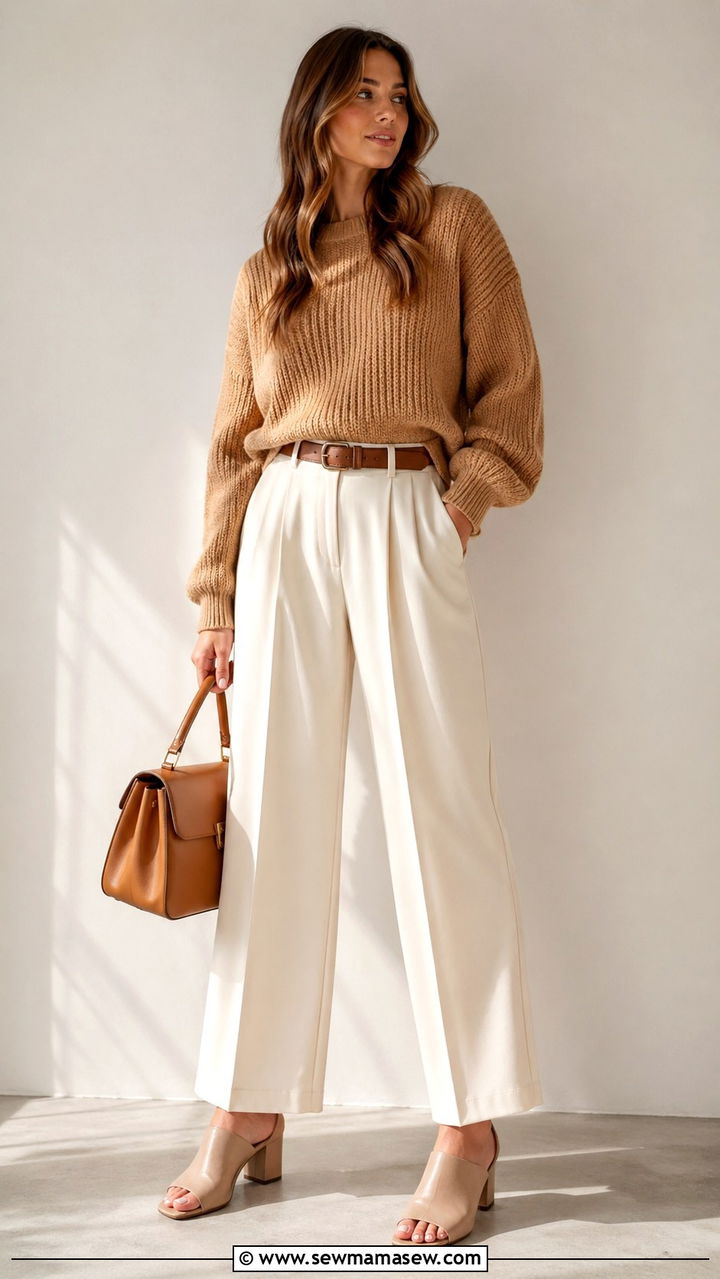 Camel Sweater with Cream Trousers - 40 All camel outfit ideas