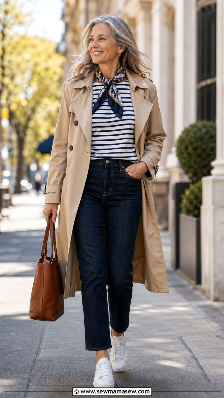 Camel Trench Coat with Striped Boatneck Tee and Straight Leg Jeans - 35 Old money outfits for women over 50