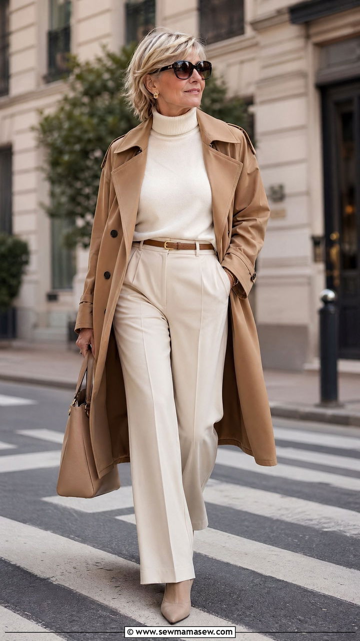 Camel Trench Coat with Wide Leg Trousers and Ankle Boots - 35 Classy outfit ideas for women over 50