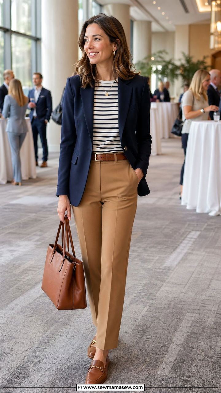 Camel Trousers With Navy Blazer And Striped Top - 35 Work conference outfit ideas