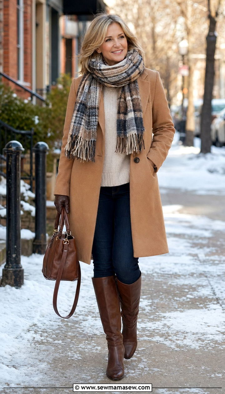 Camel Wool Blend Coat With a Chunky Scarf - 30 Best jackets for women over 50
