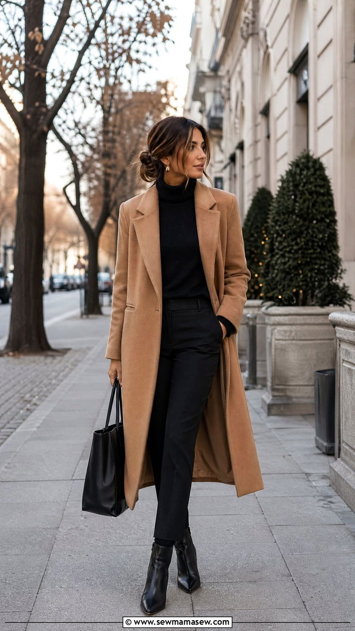 Camel Wool Coat Over Monochrome Base Layers - 35 Counselor outfit ideas