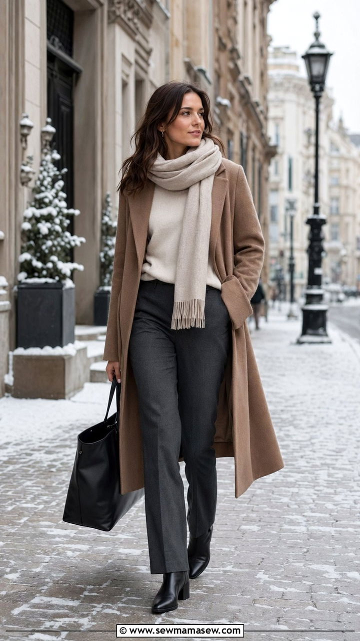 Camel Wool Coat With Cashmere Sweater - 35 Quiet luxury travel outfits