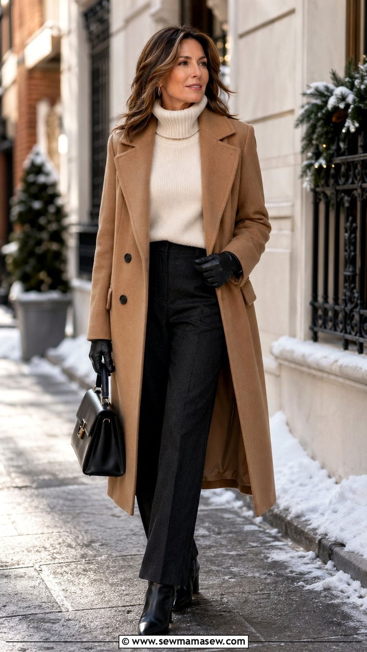 Camel Wool Coat With Cashmere Turtleneck And Dark Wool Trousers - 35 Old money outfits for women over 40