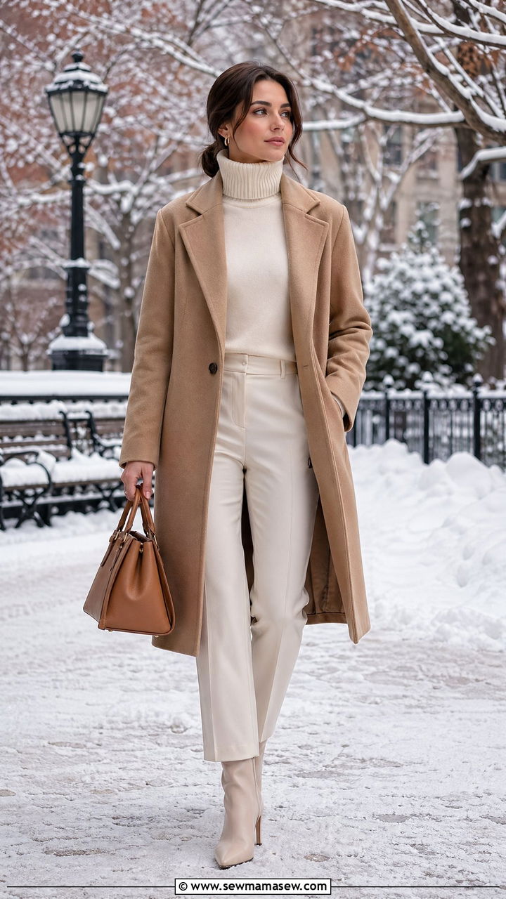 Camel Wool Coat With Cream Cashmere Turtleneck - 35 Clean girl outfits 2026