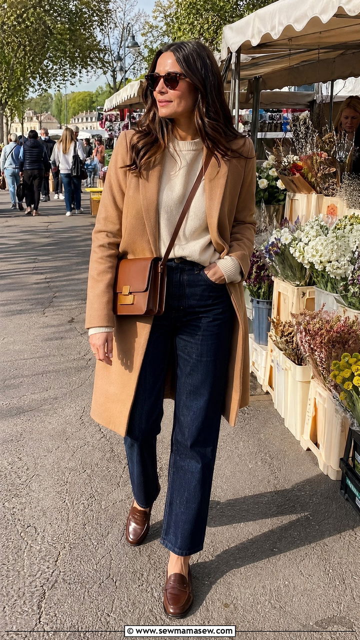 Camel Wool Coat With Straight Leg Jeans And Loafers - 35 classy quiet luxury outfits