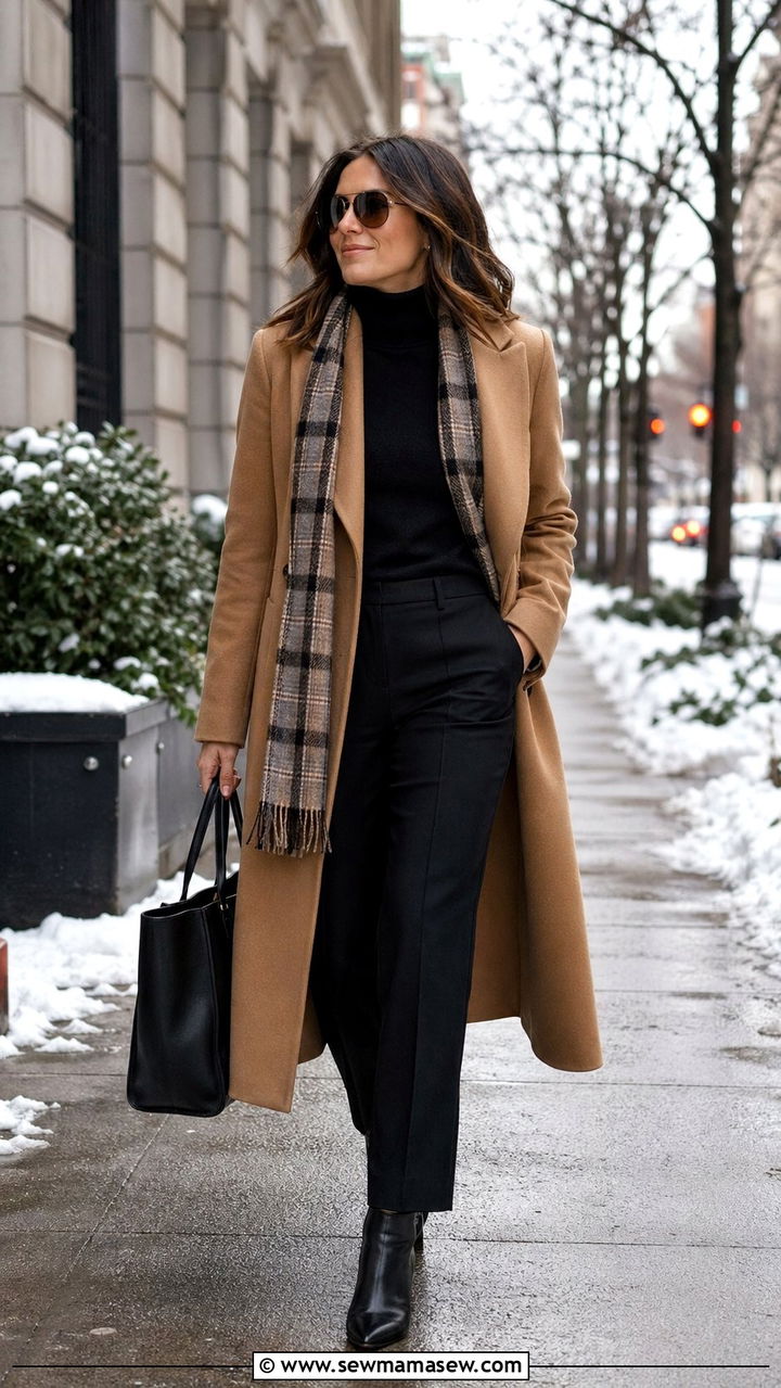 Camel Wool Coat with Black Base Layers and Ankle Boots - 35 outfit ideas for women over 30
