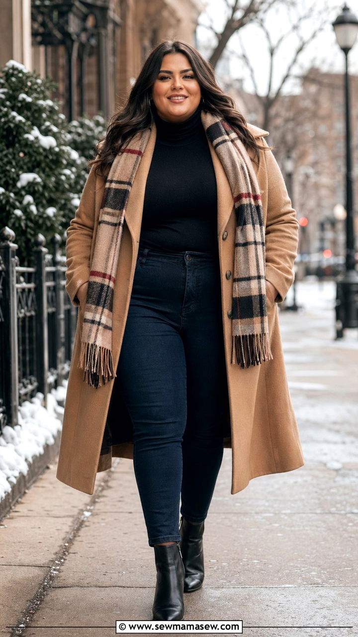 Camel Wool Coat with Black Turtleneck Winter Outfit - 35 Plus size outfits for women over 40