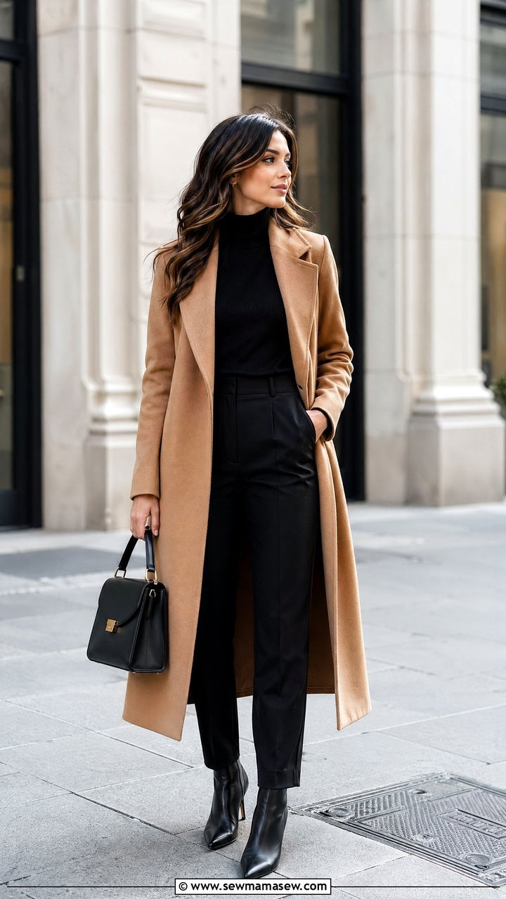 Camel Wool Coat with Black Turtleneck and Tailored Trousers - 35 Wool coat outfit ideas