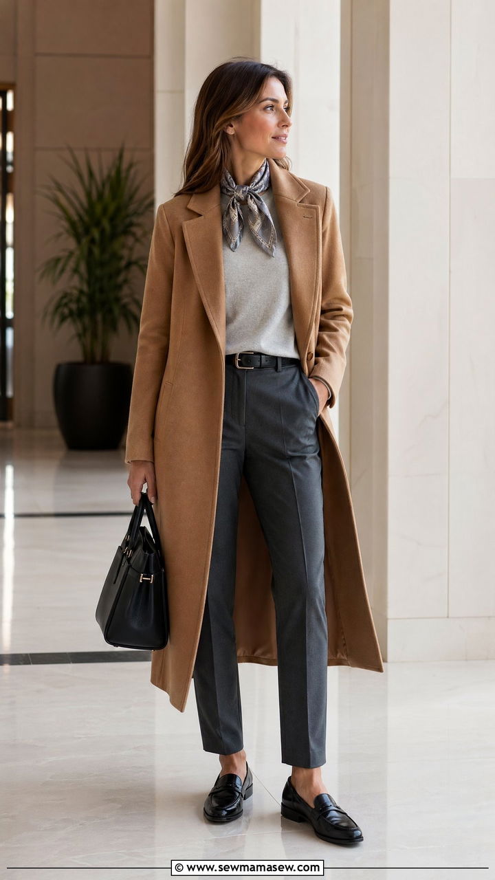 Camel Wool Coat with Grey Trousers and Black Loafers - 35 Wool coat outfit ideas