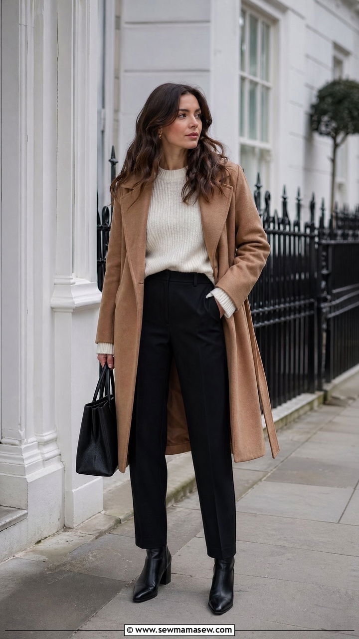 Camel Wrap Coat With Cream Knit Black Trousers and Ankle Boots - 35 Clean girl casual outfit ideas