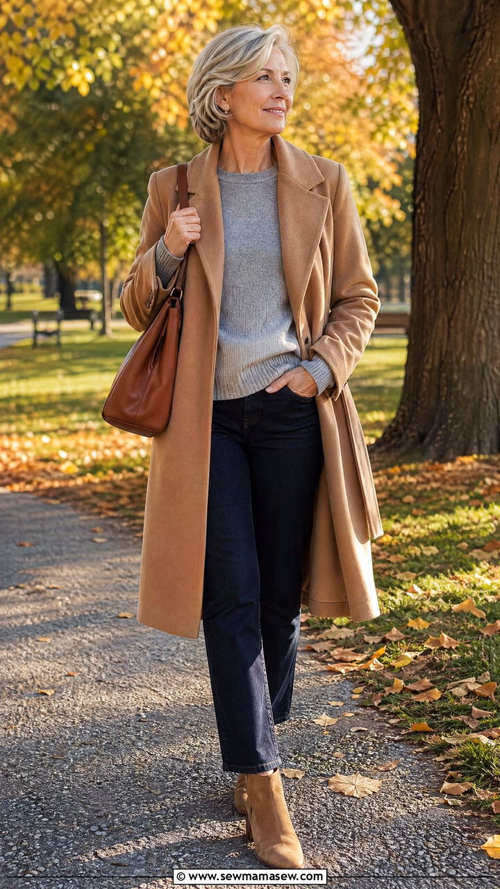 Camel Wrap Coat with Grey Cashmere Sweater and Jeans - 35 Classy outfits for mature women