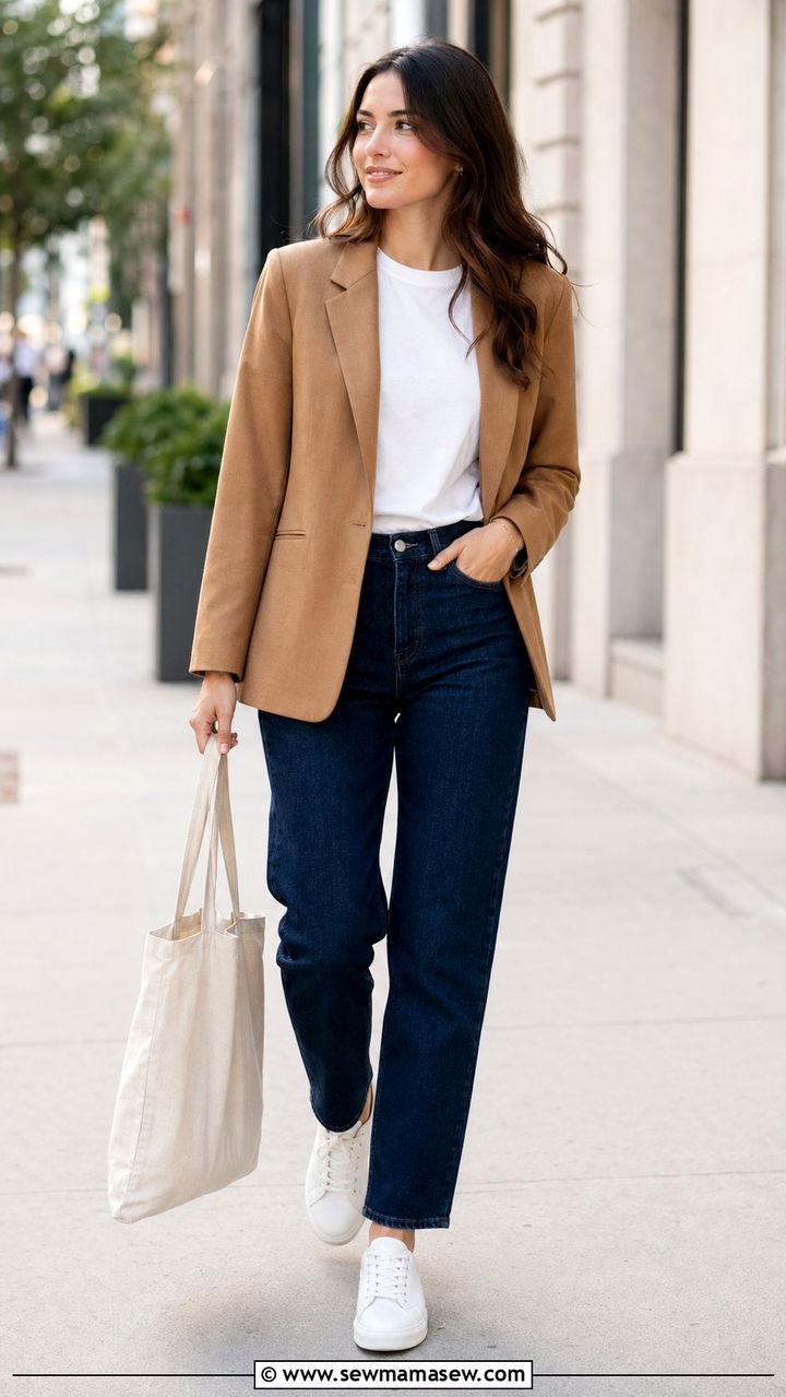 Camel blazer with dark jeans and white sneakers - 35 Office dress code outfit ideas