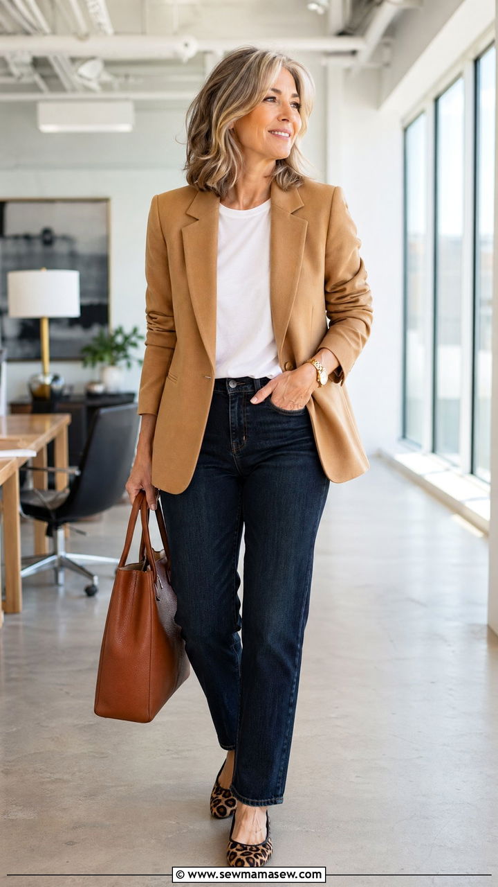 Camel blazer with dark wash jeans - 35 Work outfits for women over 50
