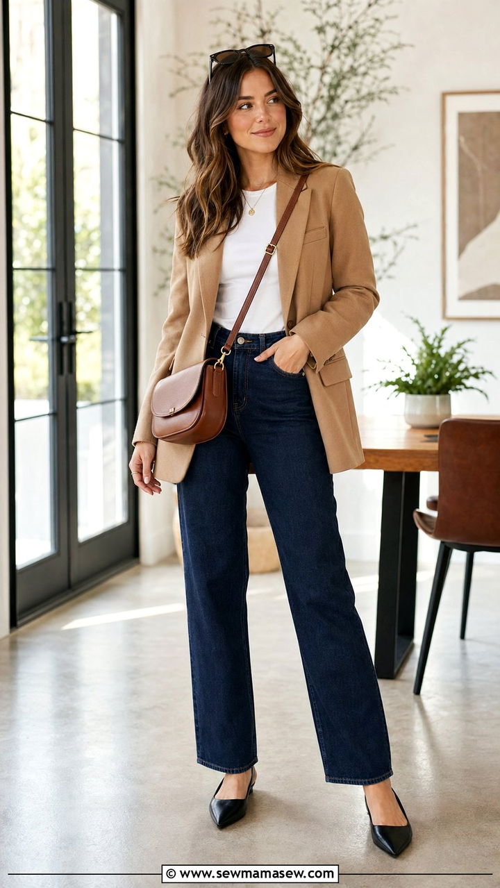 Camel blazer with dark wash jeans office look - 30 work outfits for women over 30
