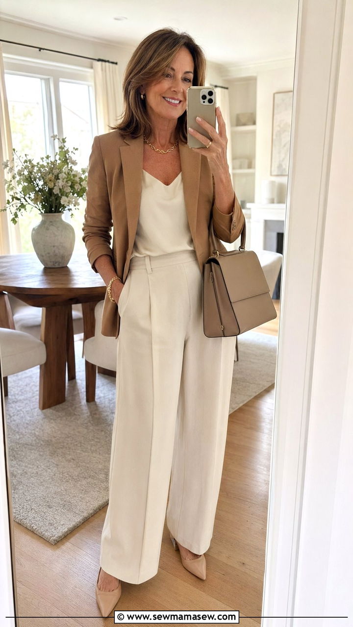 Camel blazer with wideleg trousers - 30 Best blazers for women over 50