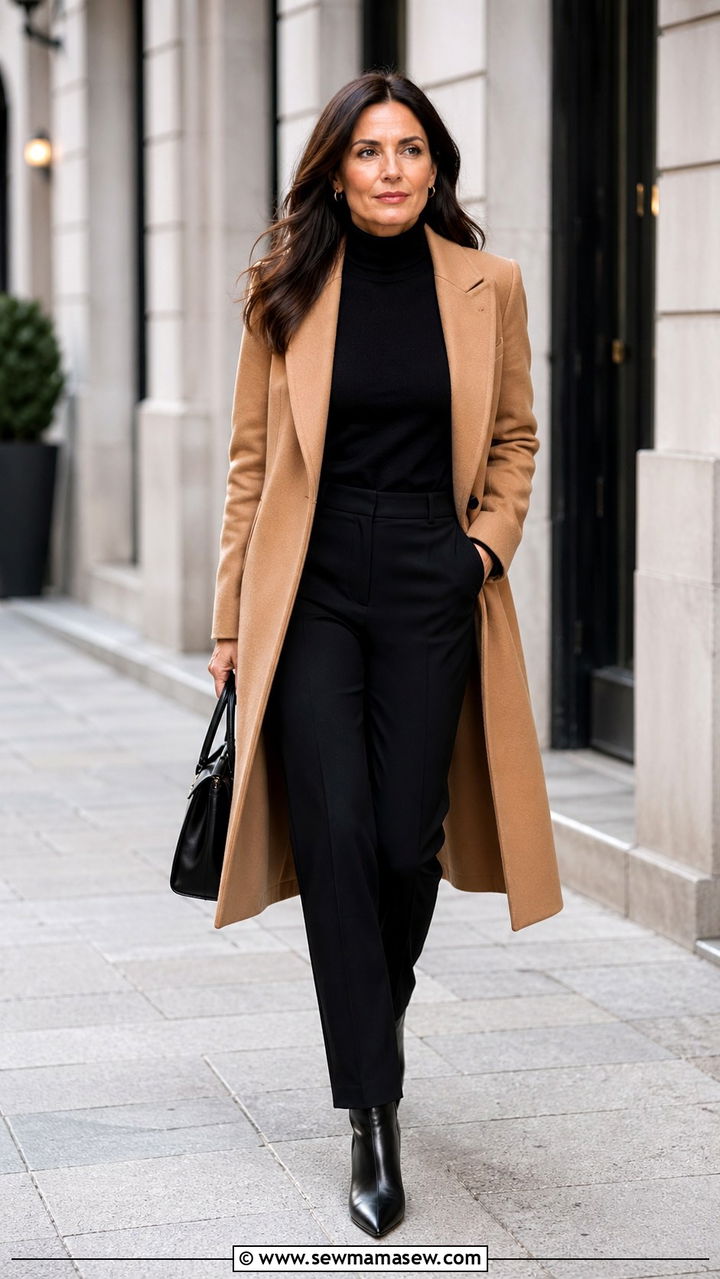 Camel coat and all black going out outfit for women over 40 - 35 Going out outfit ideas women over 40