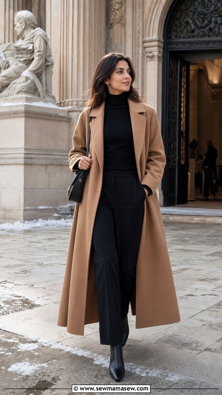 Camel coat and black turtleneck museum outfit - 35 museum outfit ideas
