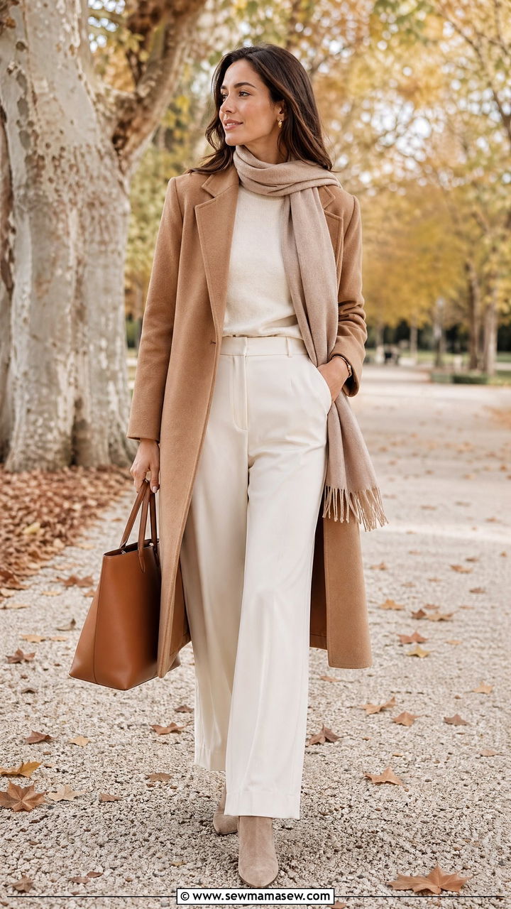 Camel coat and cream knit outfit - 35 Clean girl aesthetic outfit ideas