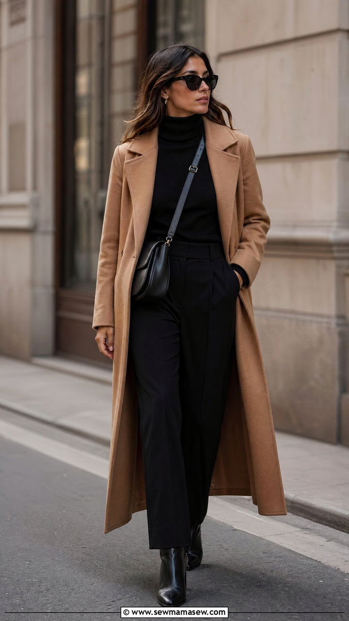 Camel coat layered over black turtleneck office look - 35 Corporate outfit ideas for women