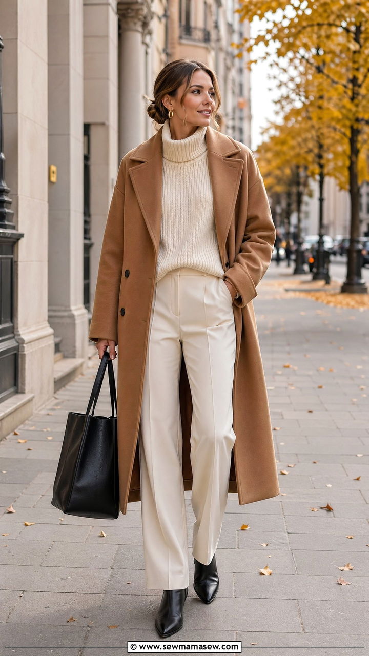 Camel coat layered over cream knit outfit - 35 classy outfits 2026