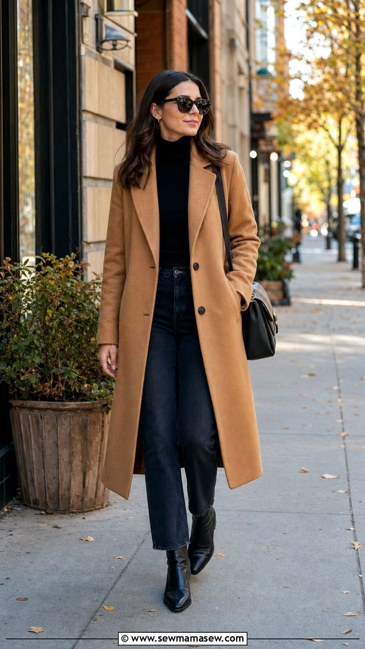 Camel coat layered over turtleneck sweater - 35 Outfit ideas for women in their 30s