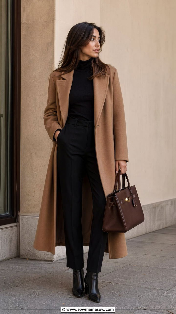 Camel coat outfit with black turtleneck and tailored trousers - 35 classy travel outfit ideas