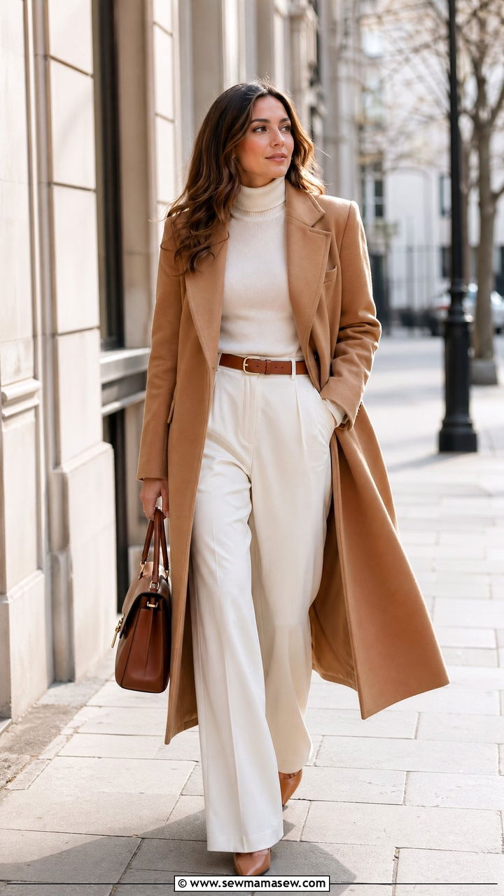 Camel coat over cream turtleneck and trousers - 35 classy job interview outfit ideas