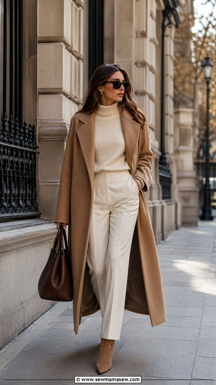Camel coat over white turtleneck - 35 casual old money outfits