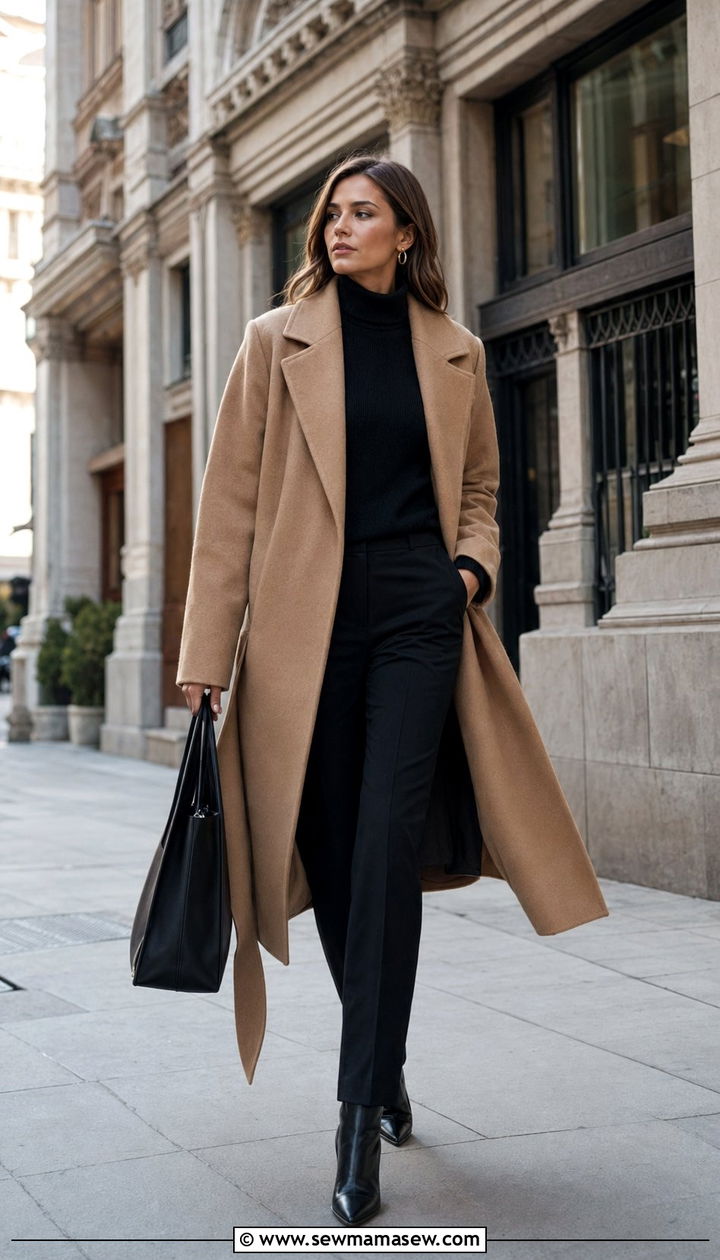 Camel coat with black knit and trousers - 35 Quiet luxury outfit ideas for work