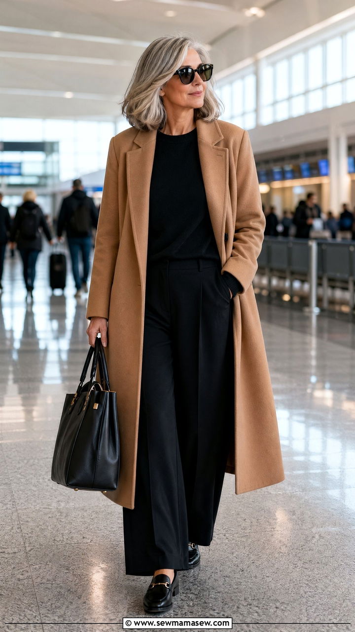 Camel coat with black sweater and wideleg trousers - 35 Travel outfit ideas for women over 50