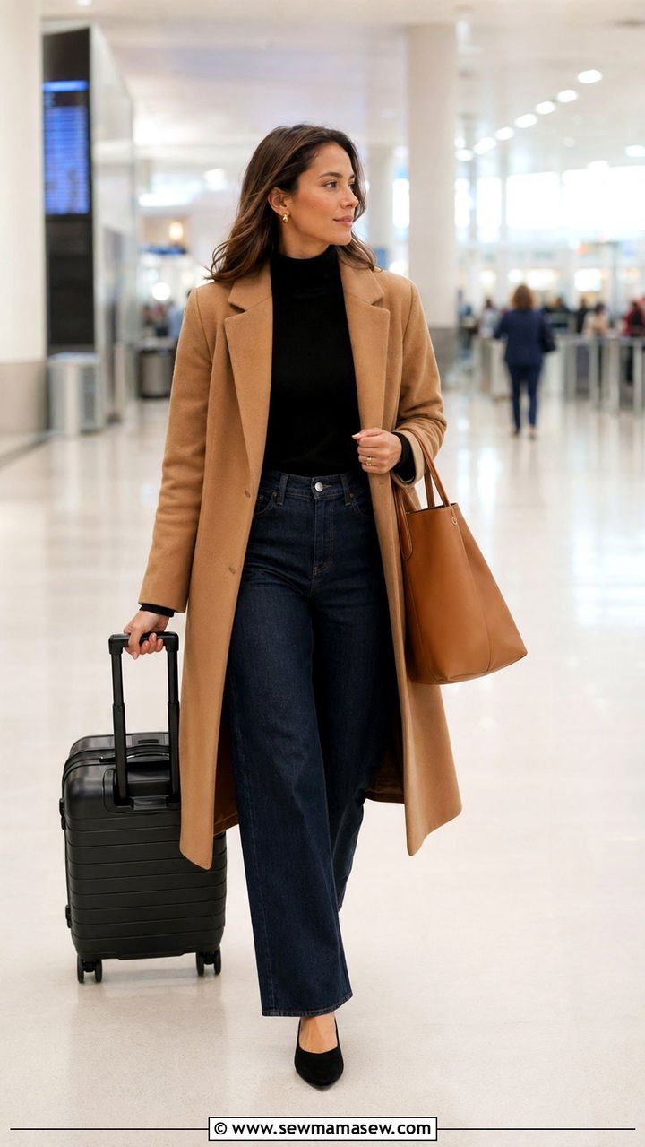 Camel coat with black turtleneck and jeans with ballet flats - 30 Airport outfit ideas with ballet flats