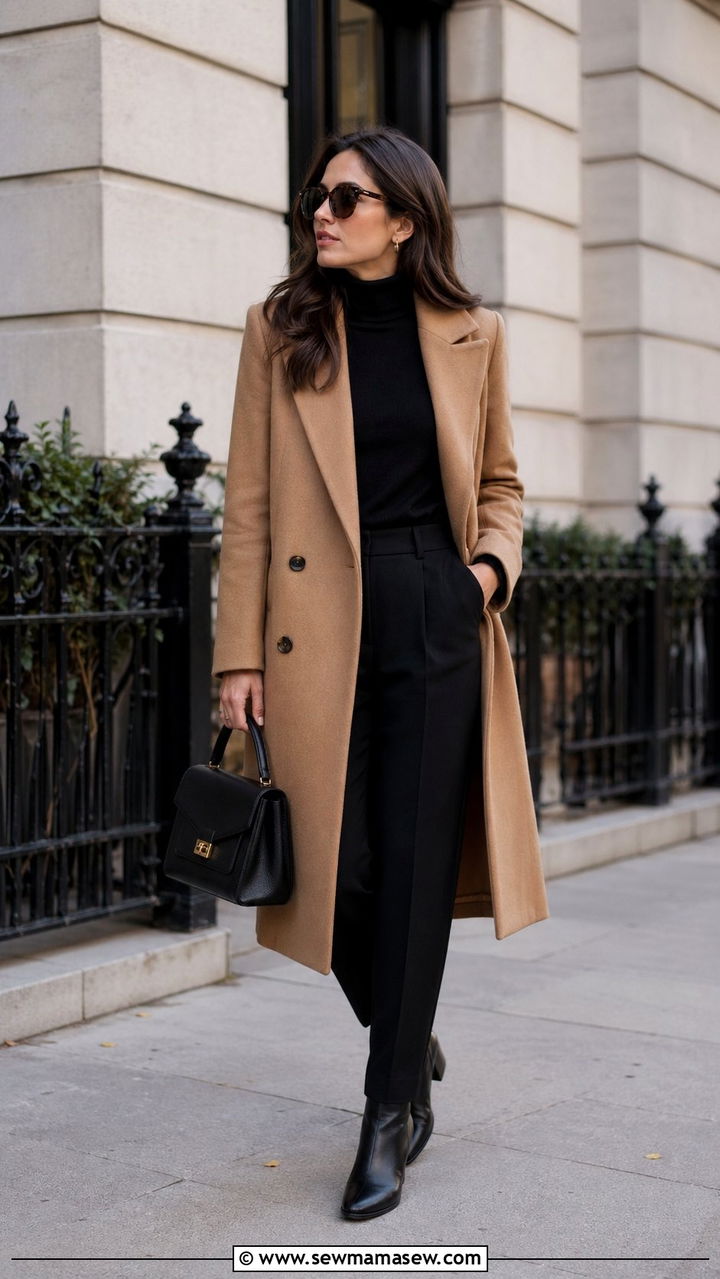Camel coat with black turtleneck and tailored trousers - 35 quiet luxury outfits ideas