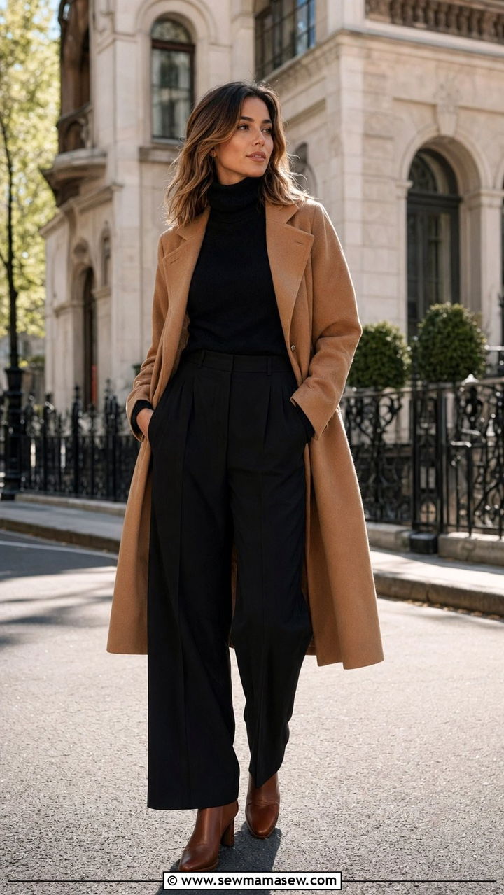 Camel coat with black turtleneck and wide leg trousers - 35 Rich mom outfit ideas