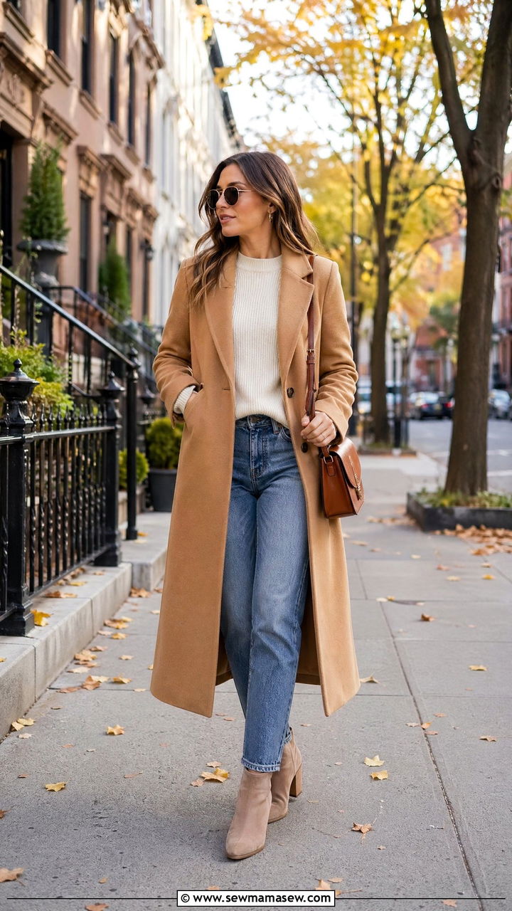 Camel coat with cream knit and straight leg jeans - 35 chic outfit ideas for women