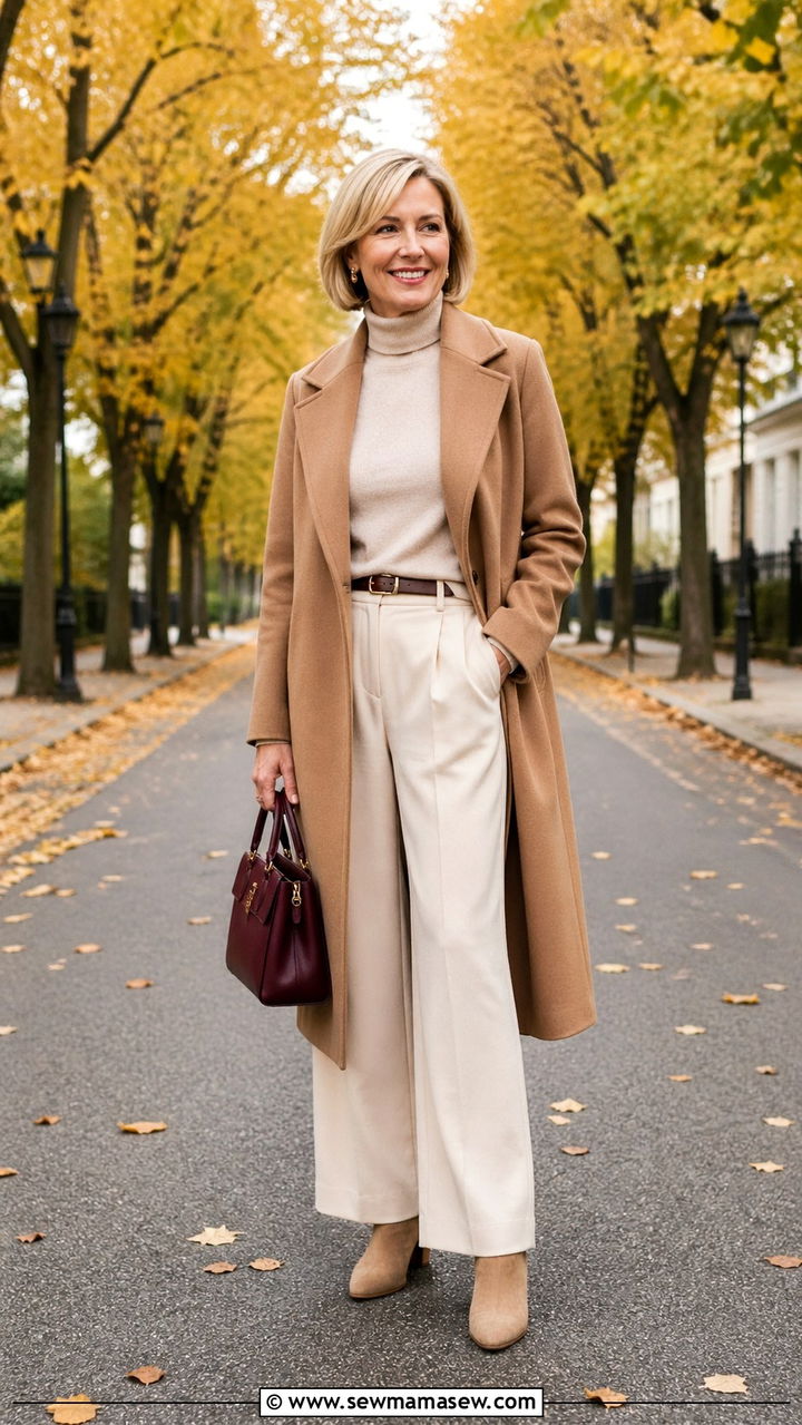 Camel coat with cream knit layers - 30 Sophisticated outfit ideas for women over 50