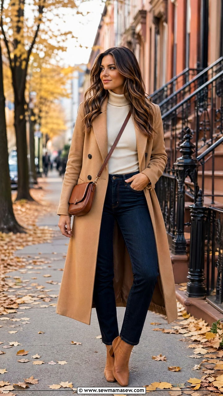 Camel coat with cream turtleneck and straight jeans - 35 classy outfit ideas for women