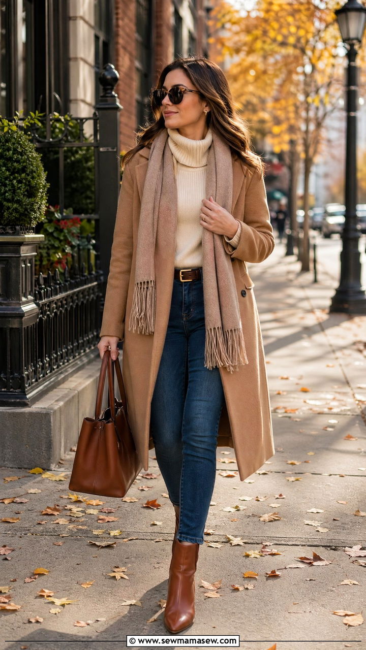 Camel coat with jeans and a sweater outfit - 35 Smart casual outfit ideas for women