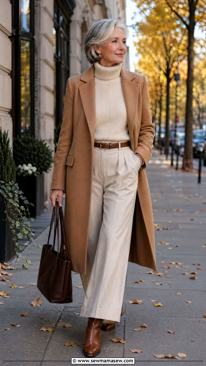 Camel coat with monochrome base outfit - 35 Classy outfit ideas for women over 60