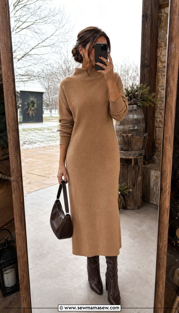 Camel knit dress wedding guest outfit - 35 Quiet luxury outfit ideas for wedding guest