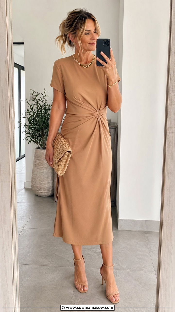 Camel midi dress with heeled sandals - 35 Classy outfit ideas for women over 40